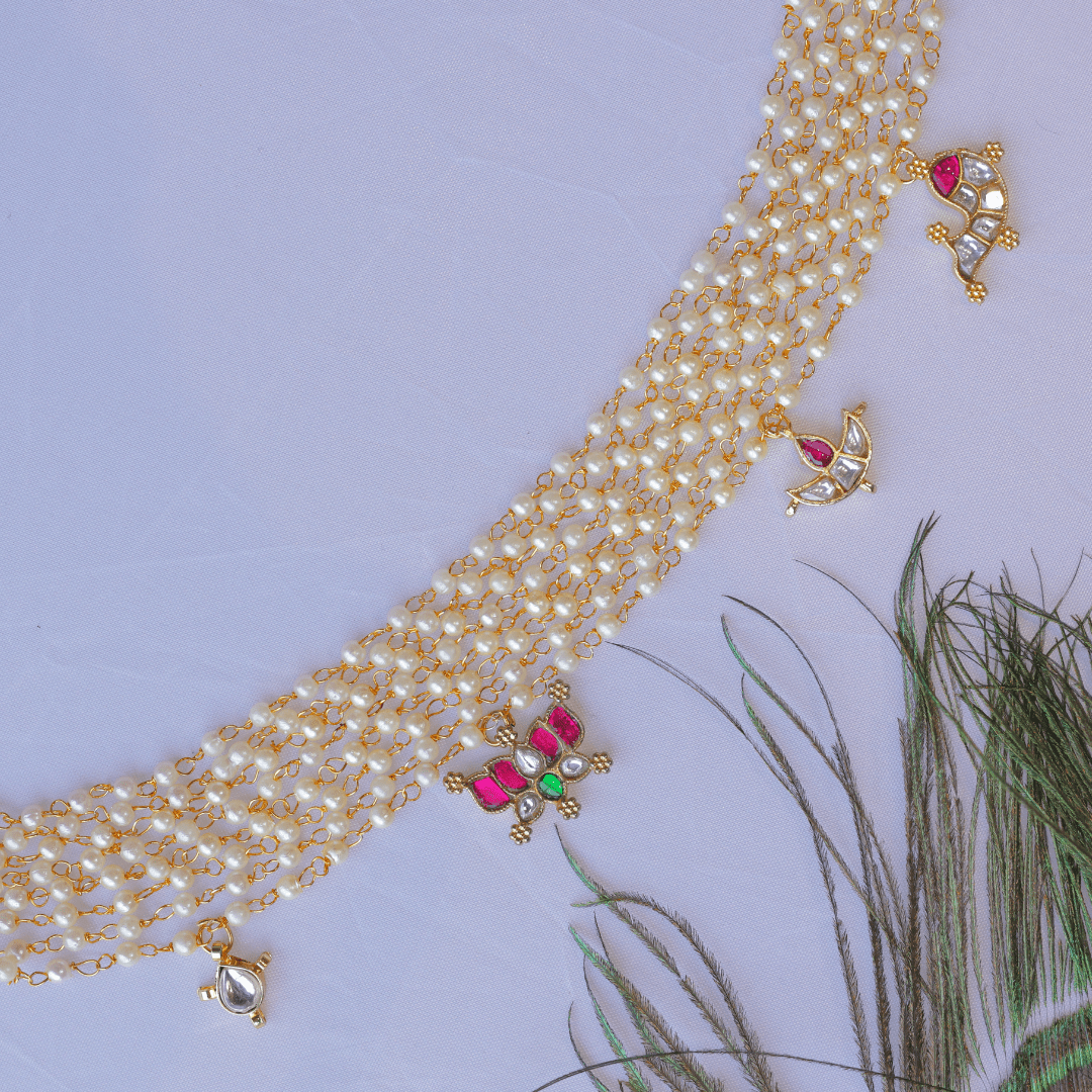 Handcrafted 5-Layer Pearl Choker Necklace with Kundan Charms - Putstyle