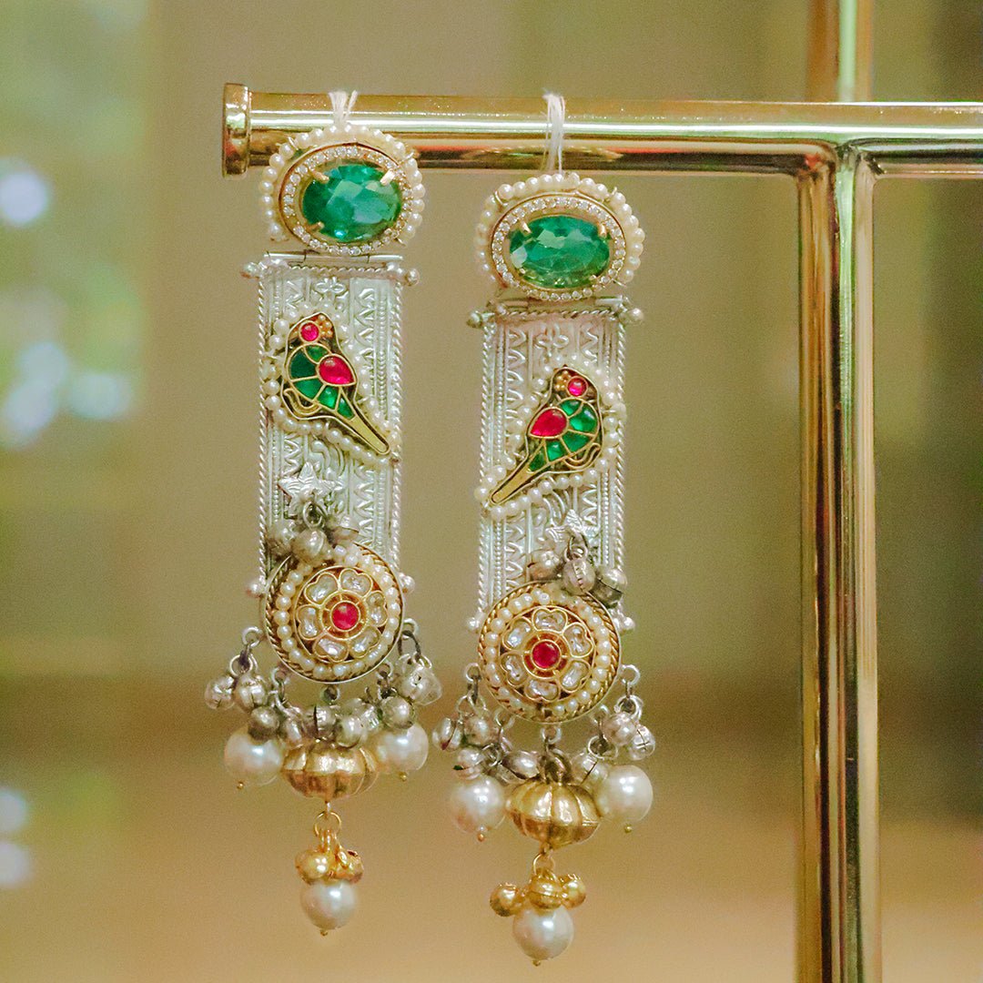 Handcrafted Dual-Tone Dangler Earrings with Emerald Stone - Putstyle