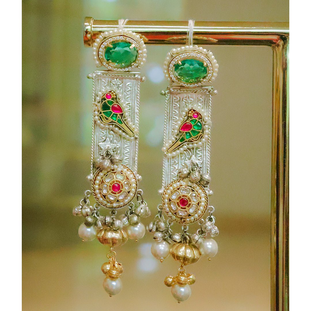 Handcrafted Dual-Tone Dangler Earrings with Emerald Stone - Putstyle