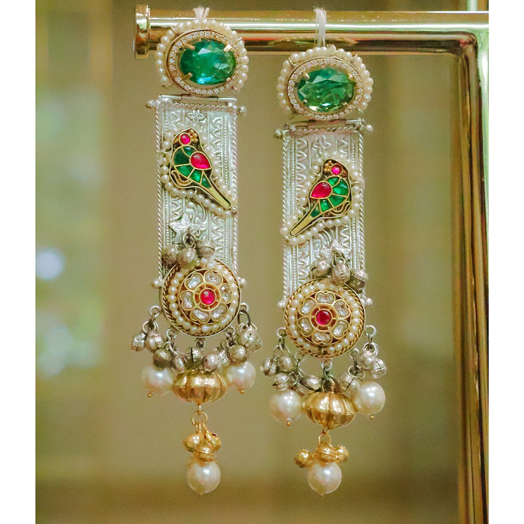 Handcrafted Dual-Tone Dangler Earrings with Emerald Stone - Putstyle