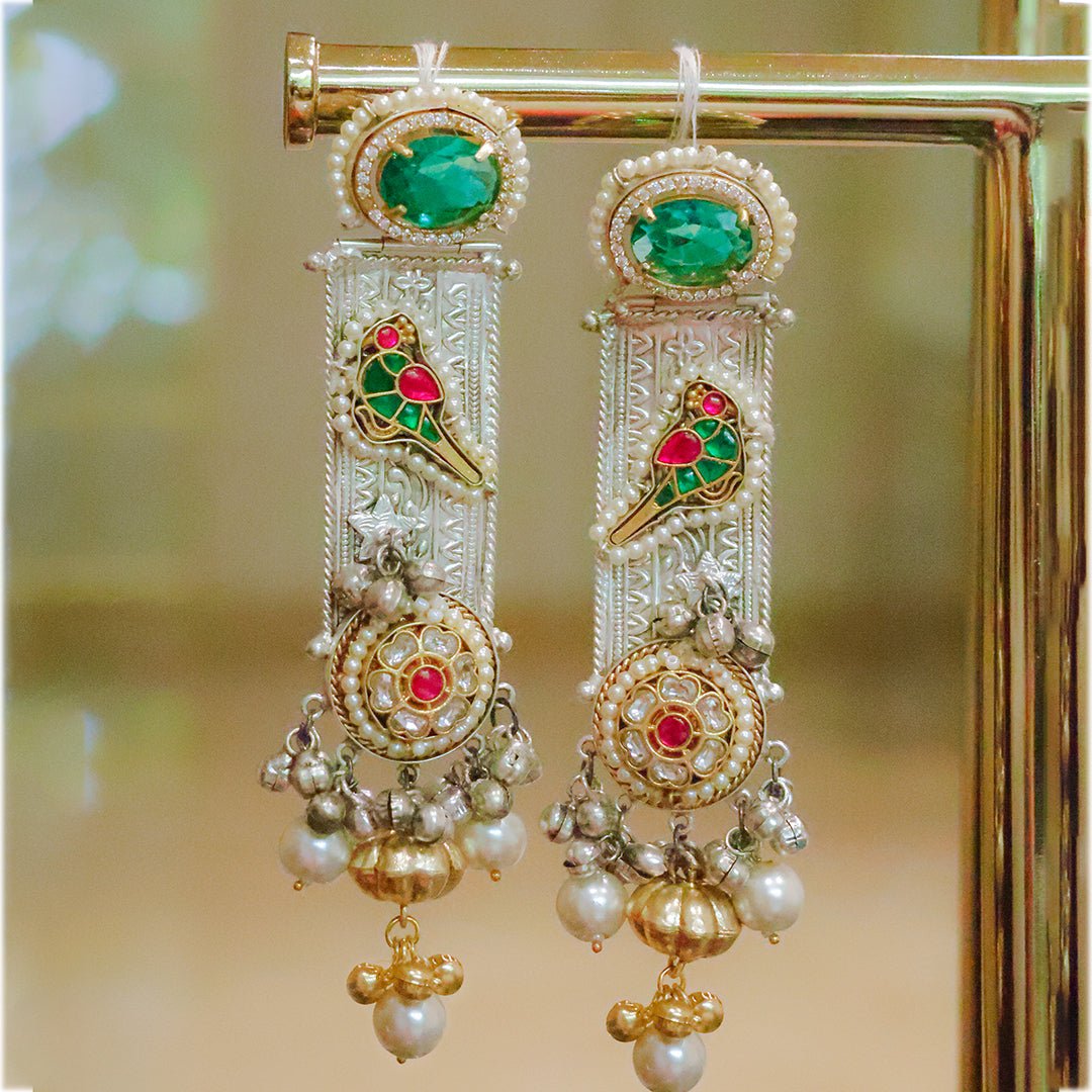 Handcrafted Dual-Tone Dangler Earrings with Emerald Stone - Putstyle