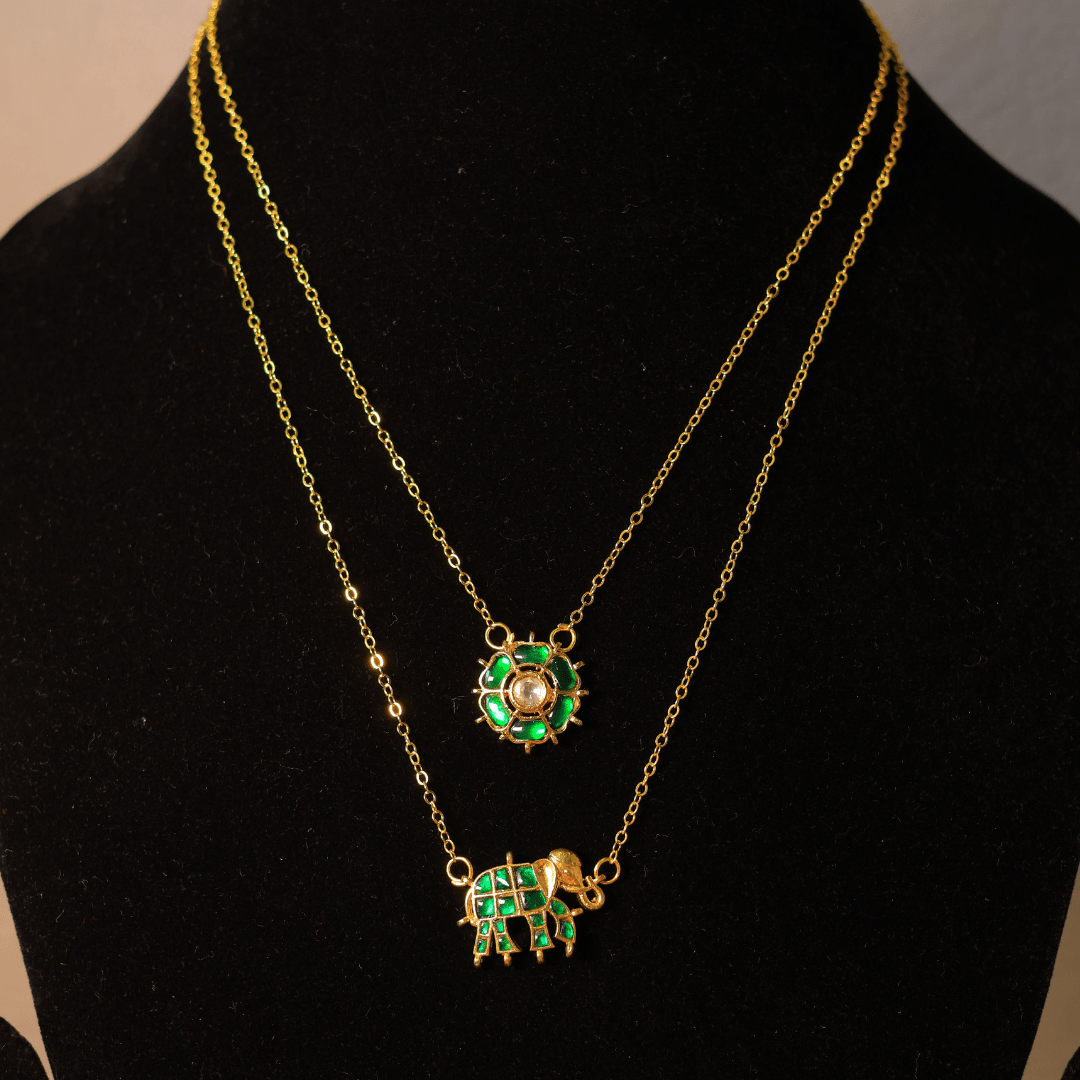 Handcrafted Gold-Plated Layered Necklace Set with Emerald Paachi Kundan Green Stone Floral & Elephant Charms - Putstyle