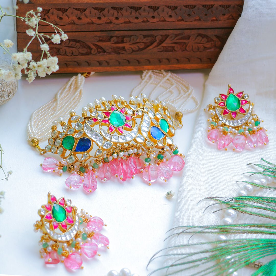 Multicolor Kundan Choker Necklace with Pink Beads – Bridal Pearl String Jewellery - Putstyle
