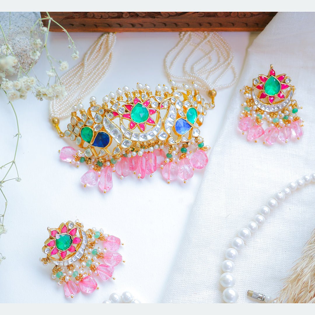 Multicolor Kundan Choker Necklace with Pink Beads – Bridal Pearl String Jewellery - Putstyle