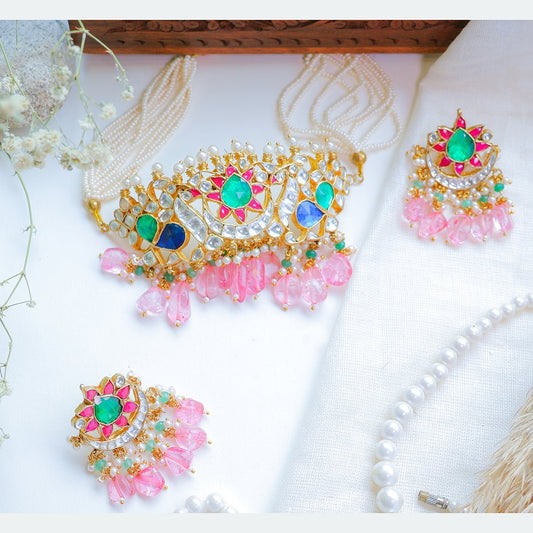 Multicolor Kundan Choker Necklace with Pink Beads – Bridal Pearl String Jewellery - Putstyle