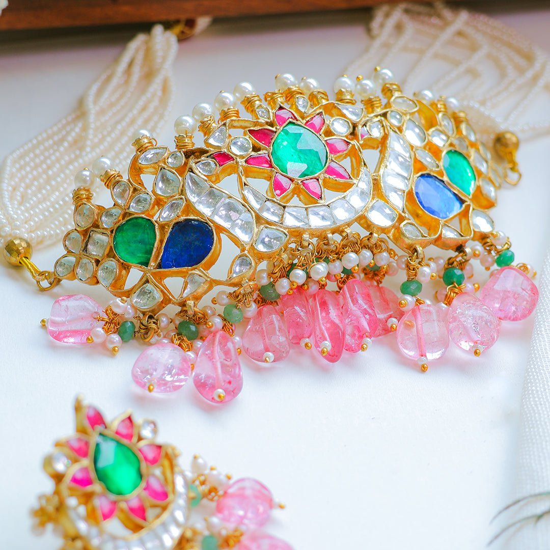 Multicolor Kundan Choker Necklace with Pink Beads – Bridal Pearl String Jewellery - Putstyle