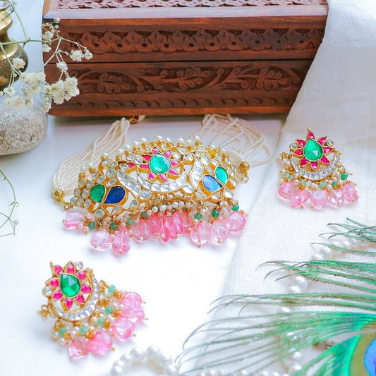 Multicolor Kundan Choker Necklace with Pink Beads – Bridal Pearl String Jewellery - Putstyle