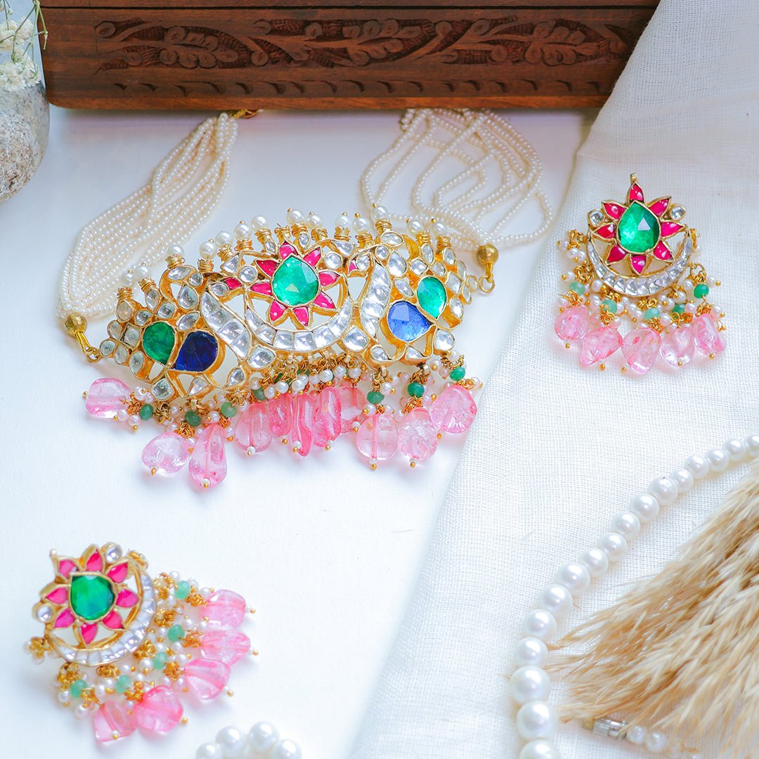Multicolor Kundan Choker Necklace with Pink Beads – Bridal Pearl String Jewellery - Putstyle