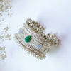 Oxidized Silver Kada with Green Teardrop Kundan & Pearl Beaded Border - Putstyle