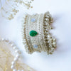 Oxidized Silver Kada with Green Teardrop Kundan & Pearl Beaded Border - Putstyle