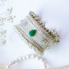 Oxidized Silver Kada with Green Teardrop Kundan & Pearl Beaded Border - Putstyle