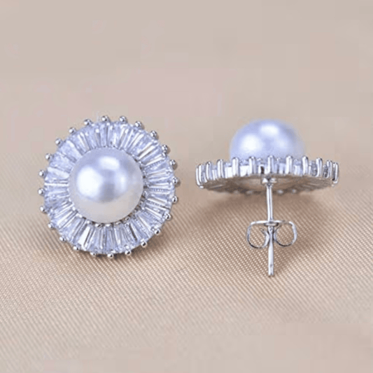 Pearl and Baguette Diamond Stud Earrings - Putstyle