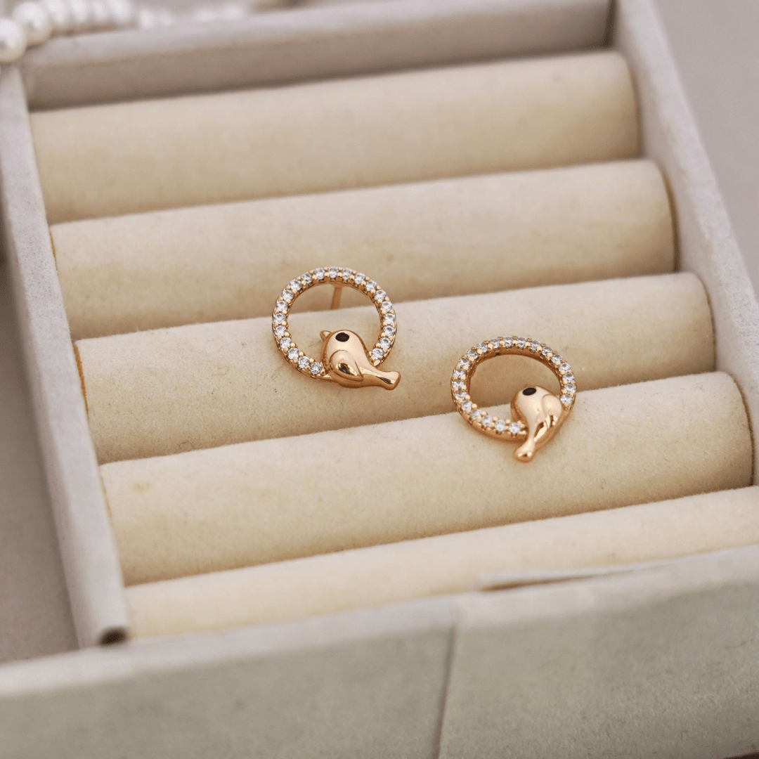 Rose Gold Bird in Circle Cubic Zirconia Stud Earrings - Putstyle