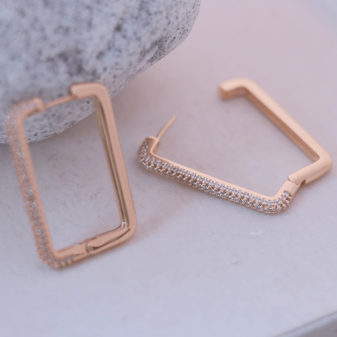 Rose Gold Rectangular Pave Huggie Hoop Earrings - Putstyle
