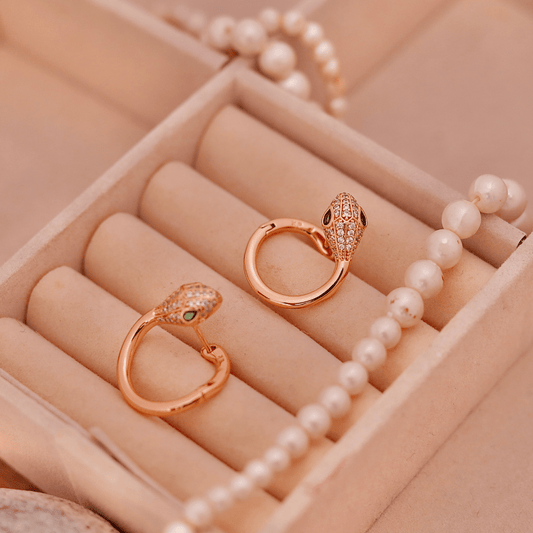 Rose Gold Snake Huggie Hoops with Green Crystal Eyes - Putstyle