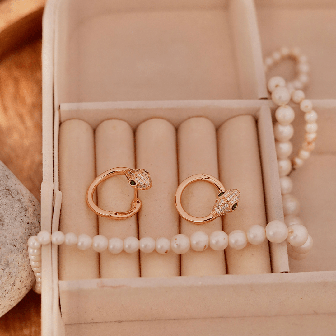Rose Gold Snake Huggie Hoops with Green Crystal Eyes - Putstyle