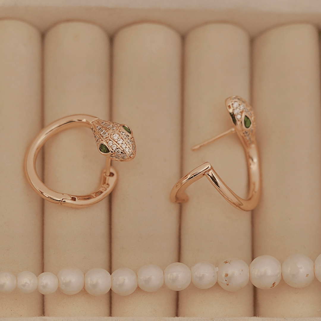 Rose Gold Snake Huggie Hoops with Green Crystal Eyes - Putstyle