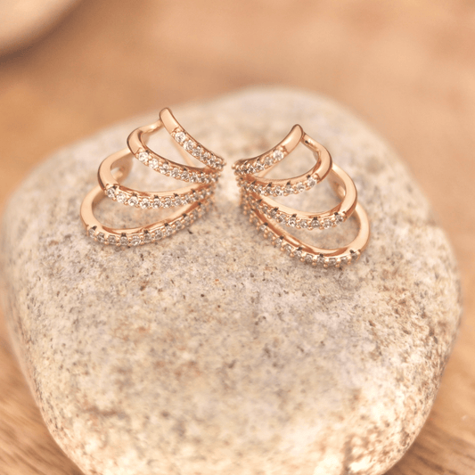 Rose Gold Triple Row Pavé Hoop Studs - Putstyle