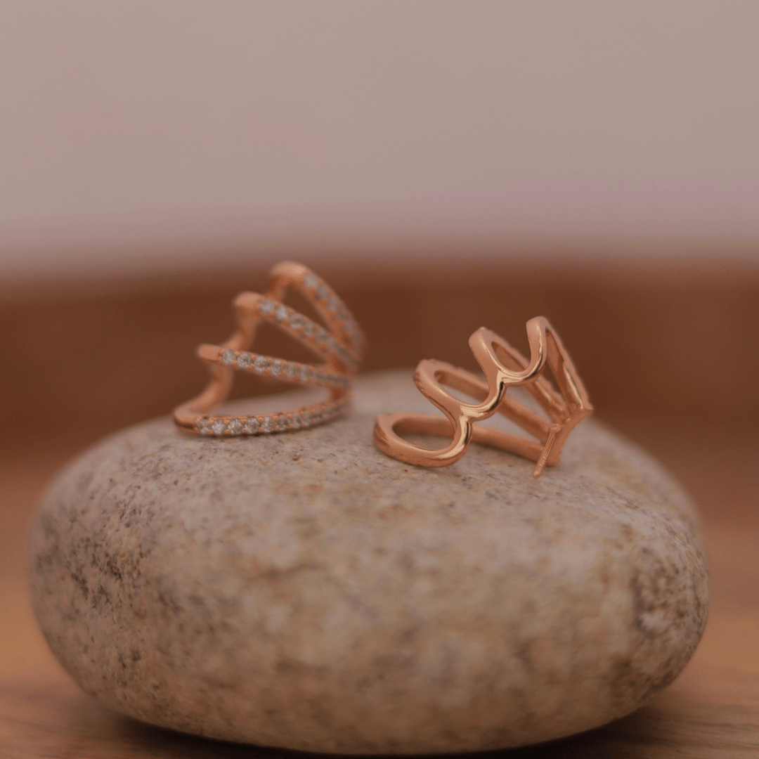 Rose Gold Triple Row Pavé Hoop Studs - Putstyle