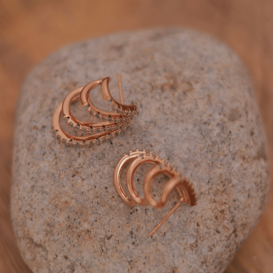 Rose Gold Triple Row Pavé Hoop Studs - Putstyle