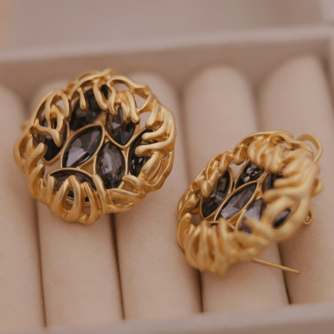 Vintage Gold Woven Nest Stud Earrings with Smokey Grey Marquise Crystals - Putstyle