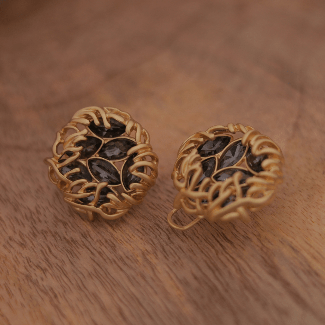 Vintage Gold Woven Nest Stud Earrings with Smokey Grey Marquise Crystals - Putstyle