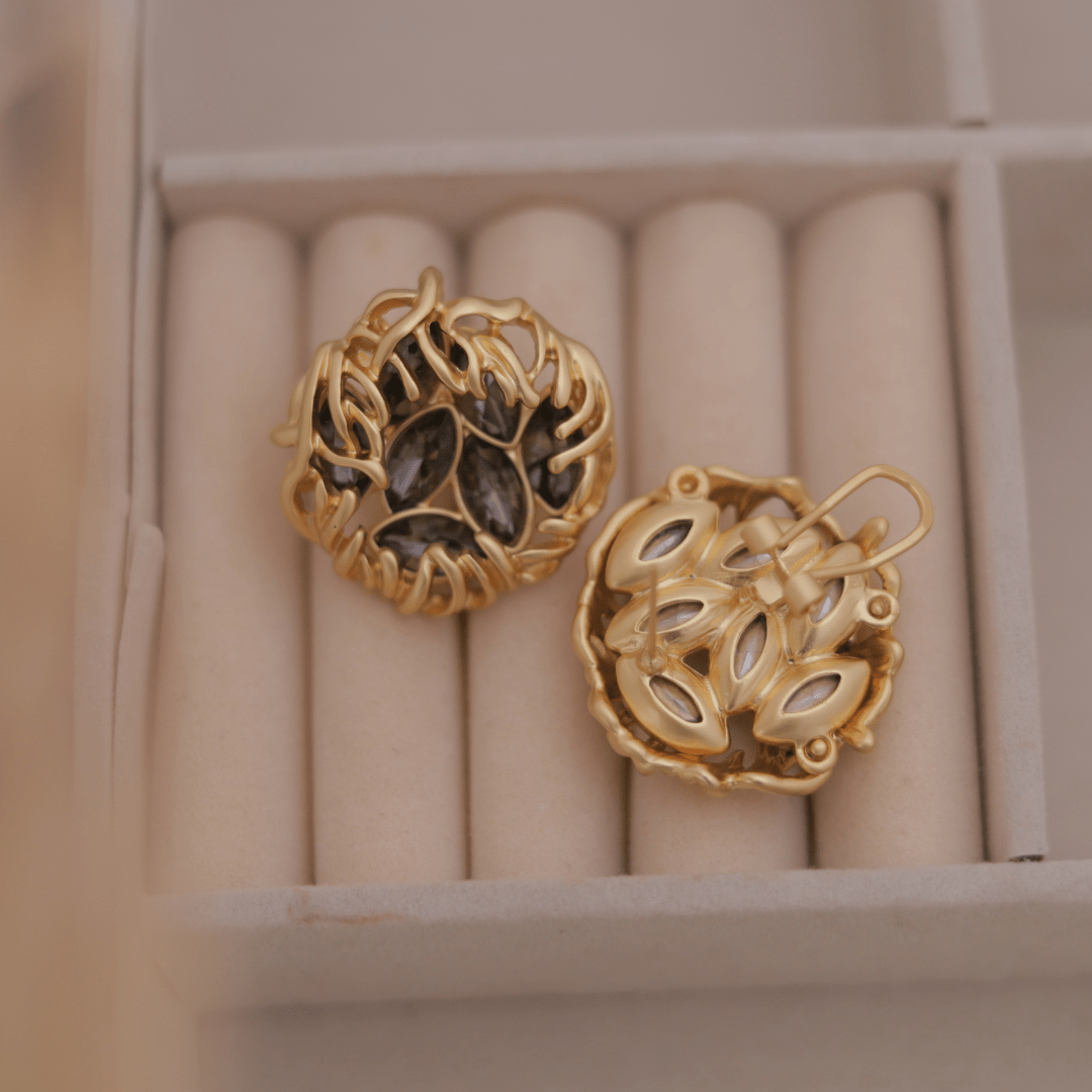 Vintage Gold Woven Nest Stud Earrings with Smokey Grey Marquise Crystals - Putstyle