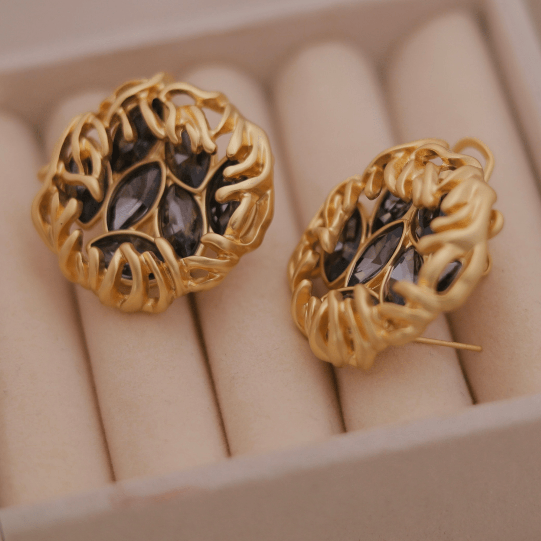 Vintage Gold Woven Nest Stud Earrings with Smokey Grey Marquise Crystals - Putstyle